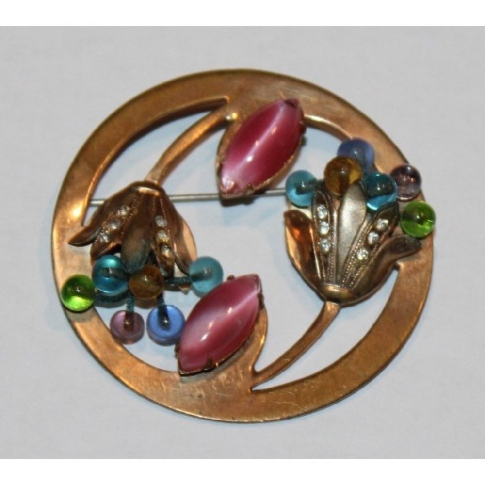 vintage gold tone brooch pin with clear rhinestones & multi-color beads costume